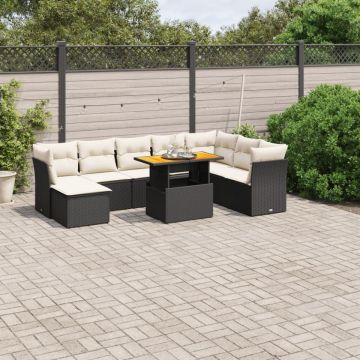 Set mobilier de grădină cu perne, 9 piese, negru, poliratan