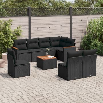 Set mobilier de grădină cu perne, 9 piese, negru, poliratan