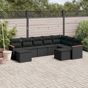 Set mobilier de grădină cu perne, 9 piese, negru, poliratan