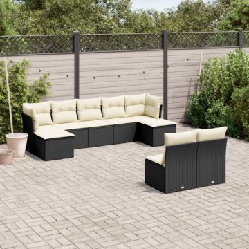 Set mobilier de grădină cu perne, 9 piese, negru, poliratan