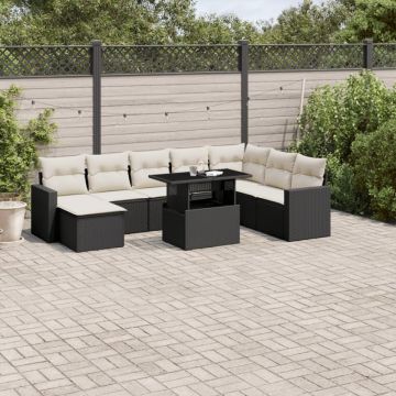 Set mobilier de grădină cu perne, 9 piese, negru, poliratan