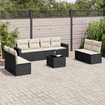 Set mobilier de grădină cu perne, 9 piese, negru, poliratan