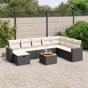 Set mobilier de grădină cu perne, 9 piese, negru, poliratan