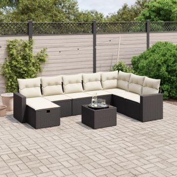 Set mobilier de grădină cu perne, 9 piese, negru, poliratan