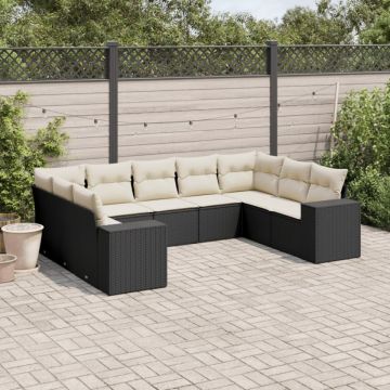 Set mobilier de grădină cu perne, 9 piese, negru, poliratan