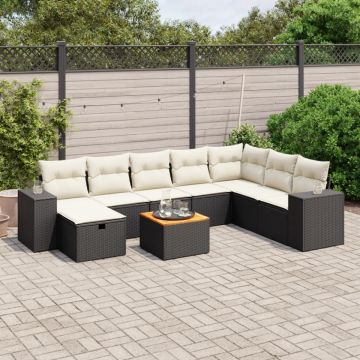 Set mobilier de grădină cu perne, 9 piese, negru, poliratan