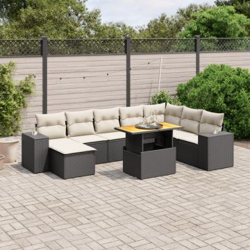 Set mobilier de grădină cu perne, 9 piese, negru, poliratan