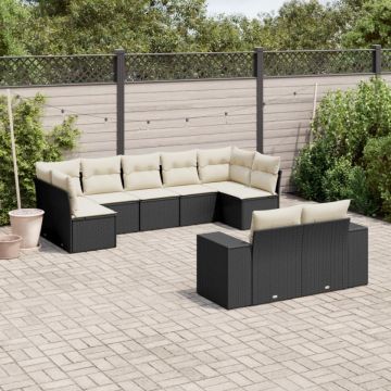 Set mobilier de grădină cu perne, 9 piese, negru, poliratan