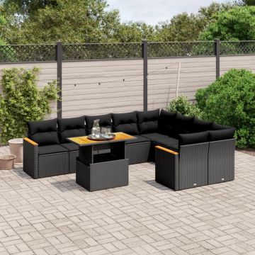 Set canapele de grădină cu perne, 10 piese, negru, poliratan