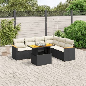 Set canapele de grădină cu perne, 7 piese, negru, poliratan