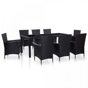 Set mobilier de exterior, 9 piese, negru, poliratan