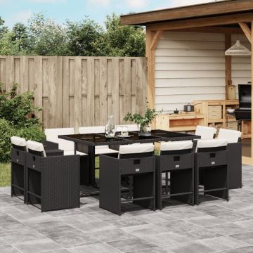 Set mobilier de exterior cu perne, 11 piese, negru, poliratan