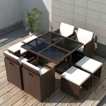 Set mobilier de exterior cu perne, 9 piese, maro, poliratan