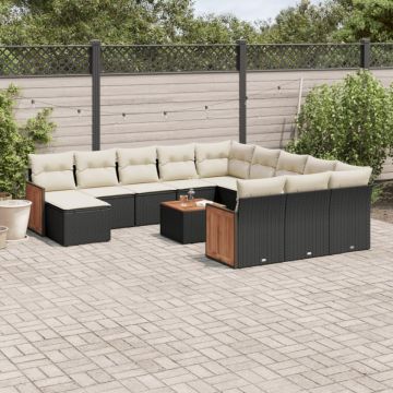 Set mobilier de grădină cu perne, 13 piese, negru, poliratan