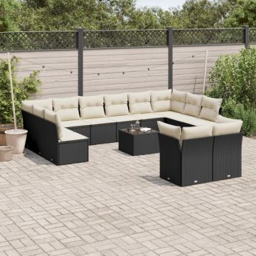 Set mobilier de grădină cu perne, 13 piese, negru, poliratan