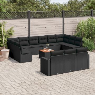 Set mobilier de grădină cu perne, 14 piese, negru, poliratan