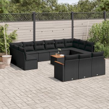 Set mobilier de grădină cu perne, 14 piese, negru, poliratan