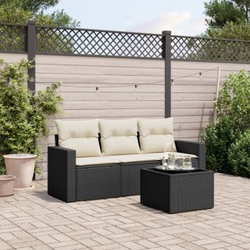 Set mobilier de grădină cu perne, 4 piese, negru, poliratan