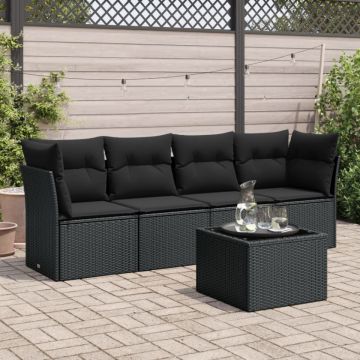 Set mobilier de grădină cu perne, 5 piese, negru, poliratan