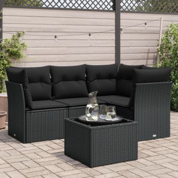 Set mobilier de grădină cu perne, 5 piese, negru, poliratan