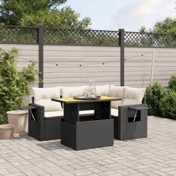 Set mobilier de grădină cu perne, 5 piese, negru, poliratan