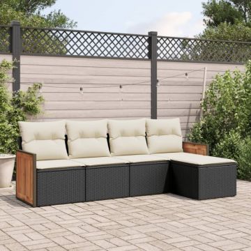 Set mobilier de grădină cu perne, 5 piese, negru, poliratan