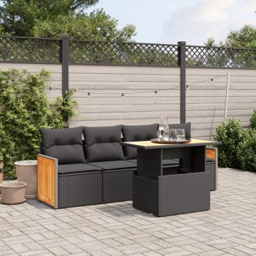 Set mobilier de grădină cu perne, 5 piese, negru, poliratan