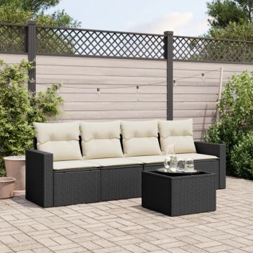 Set mobilier de grădină cu perne, 5 piese, negru, poliratan