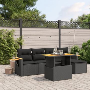 Set mobilier de grădină cu perne, 6 piese, negru, poliratan