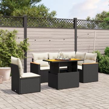 Set mobilier de grădină cu perne, 6 piese, negru, poliratan