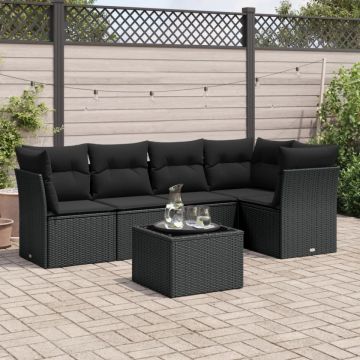 Set mobilier de grădină cu perne, 6 piese, negru, poliratan