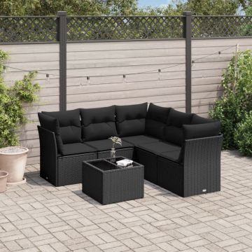 Set mobilier de grădină cu perne, 6 piese, negru, poliratan