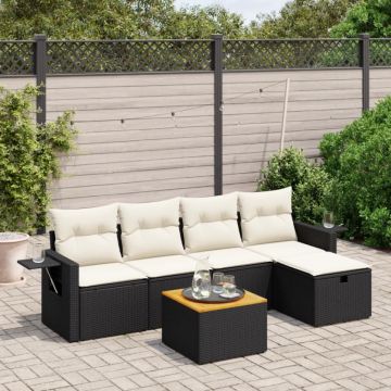 Set mobilier de grădină cu perne, 6 piese, negru, poliratan