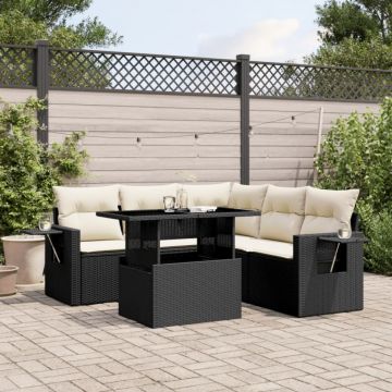 Set mobilier de grădină cu perne, 6 piese, negru, poliratan