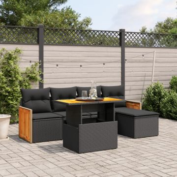 Set mobilier de grădină cu perne, 6 piese, negru, poliratan