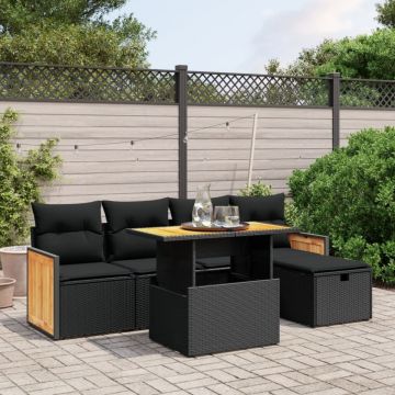 Set mobilier de grădină cu perne, 6 piese, negru, poliratan