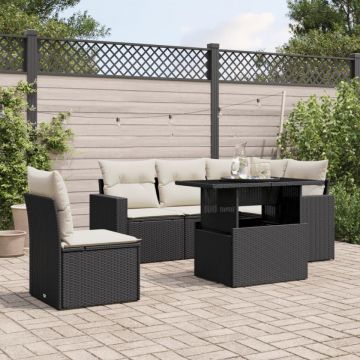 Set mobilier de grădină cu perne, 6 piese, negru, poliratan