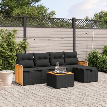 Set mobilier de grădină cu perne, 6 piese, negru, poliratan