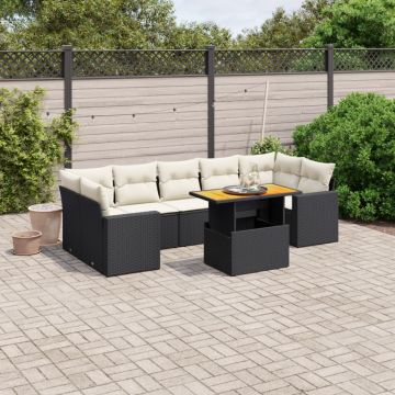 Set mobilier de grădină cu perne, 8 piese, negru, poliratan