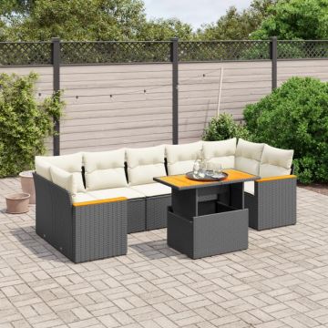 Set mobilier de grădină cu perne, 8 piese, negru, poliratan