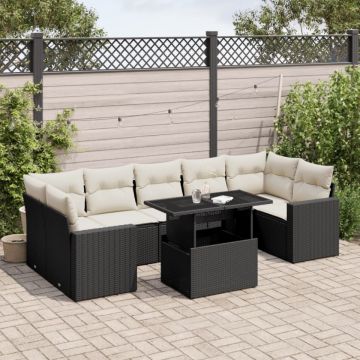 Set mobilier de grădină cu perne, 8 piese, negru, poliratan