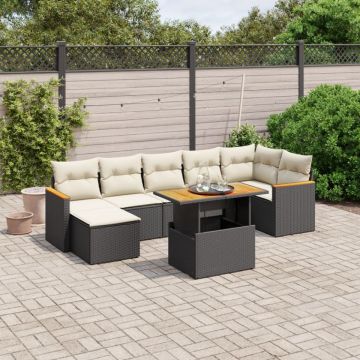 Set mobilier de grădină cu perne, 8 piese, negru, poliratan