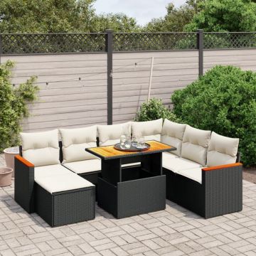 Set mobilier de grădină cu perne, 8 piese, negru, poliratan