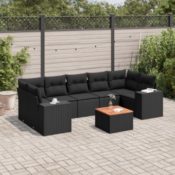 Set mobilier de grădină cu perne, 8 piese, negru, poliratan