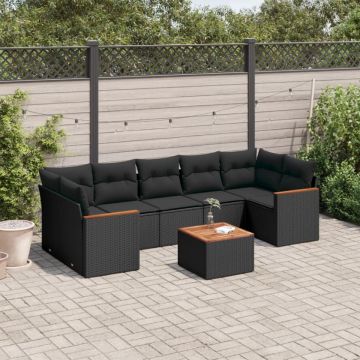 Set mobilier de grădină cu perne, 8 piese, negru, poliratan