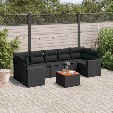 Set mobilier de grădină cu perne, 8 piese, negru, poliratan