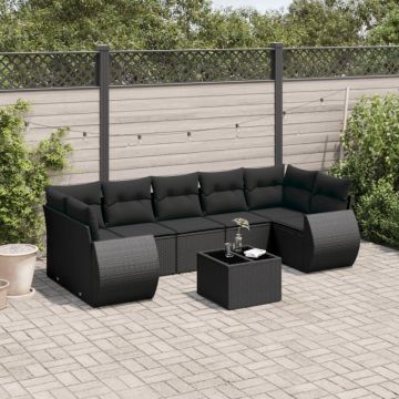 Set mobilier de grădină cu perne, 8 piese, negru, poliratan