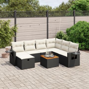 Set mobilier de grădină cu perne, 8 piese, negru, poliratan