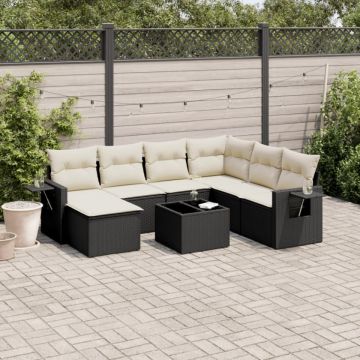 Set mobilier de grădină cu perne, 8 piese, negru, poliratan