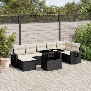 Set mobilier de grădină cu perne, 8 piese, negru, poliratan